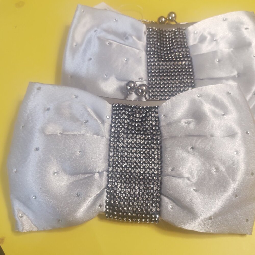 Women's Wedding Clutch Purses Silver Satin Bow Shaped with Rhinestone set of 2